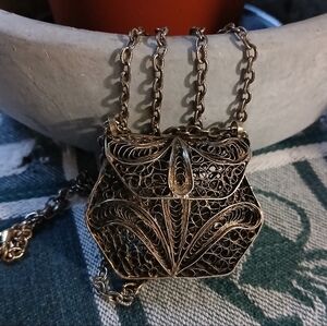 Vintage 1970s Filigree Purse Necklace Opens/ Secure Closure